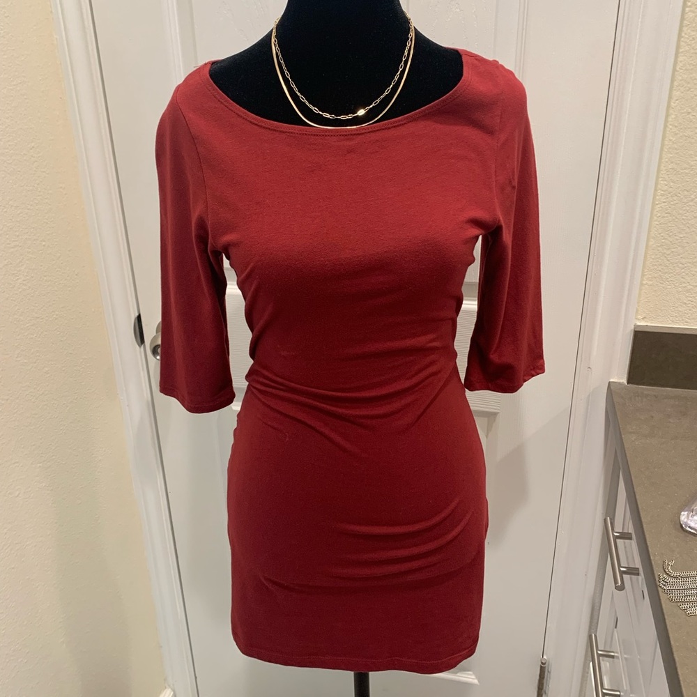 Red, mid sleeve mini dress.